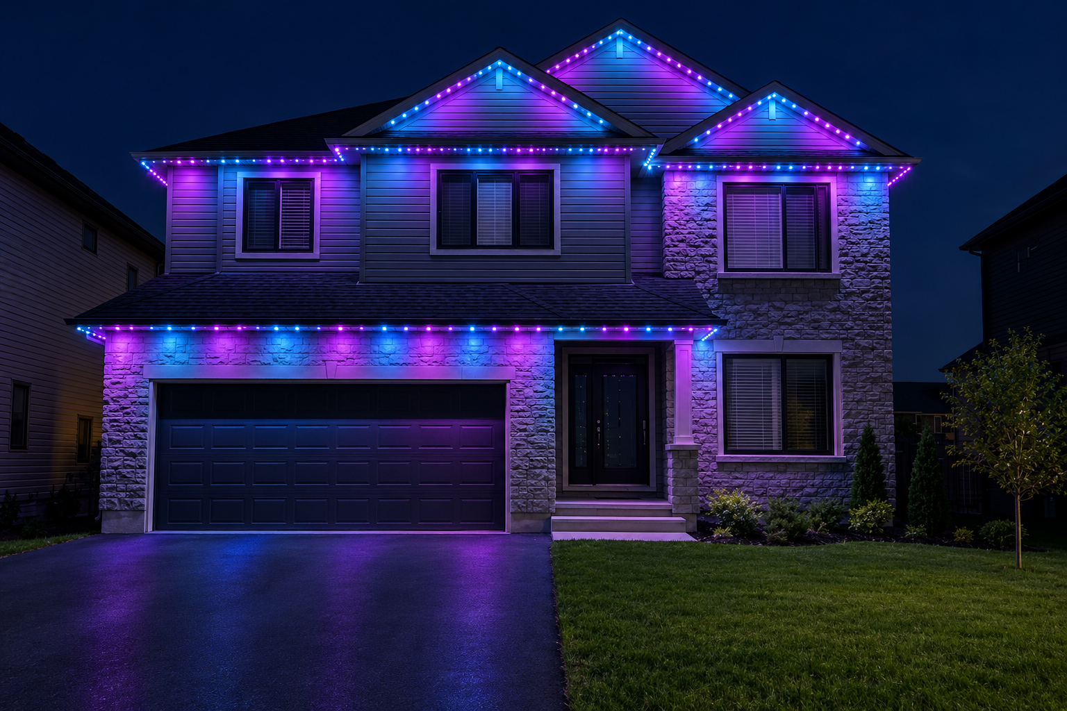 The same Ottawa home at night with celebration permanent track lighting