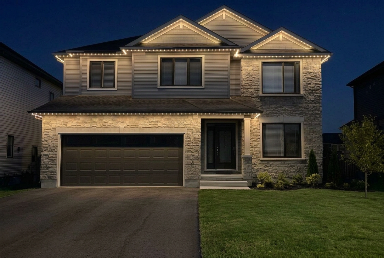 The same Ottawa home at night with everyday permanent track lighting